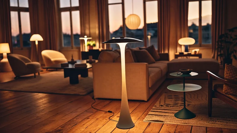 Soggiorno milanese al tramonto con lampade decorative che creano strati di luce calda