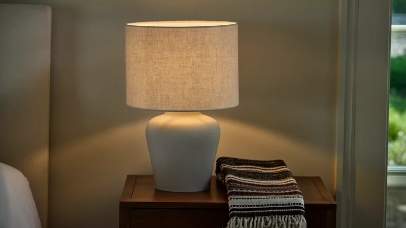 Lampada da tavolo in ceramica con paralume in lino su un comodino in noce