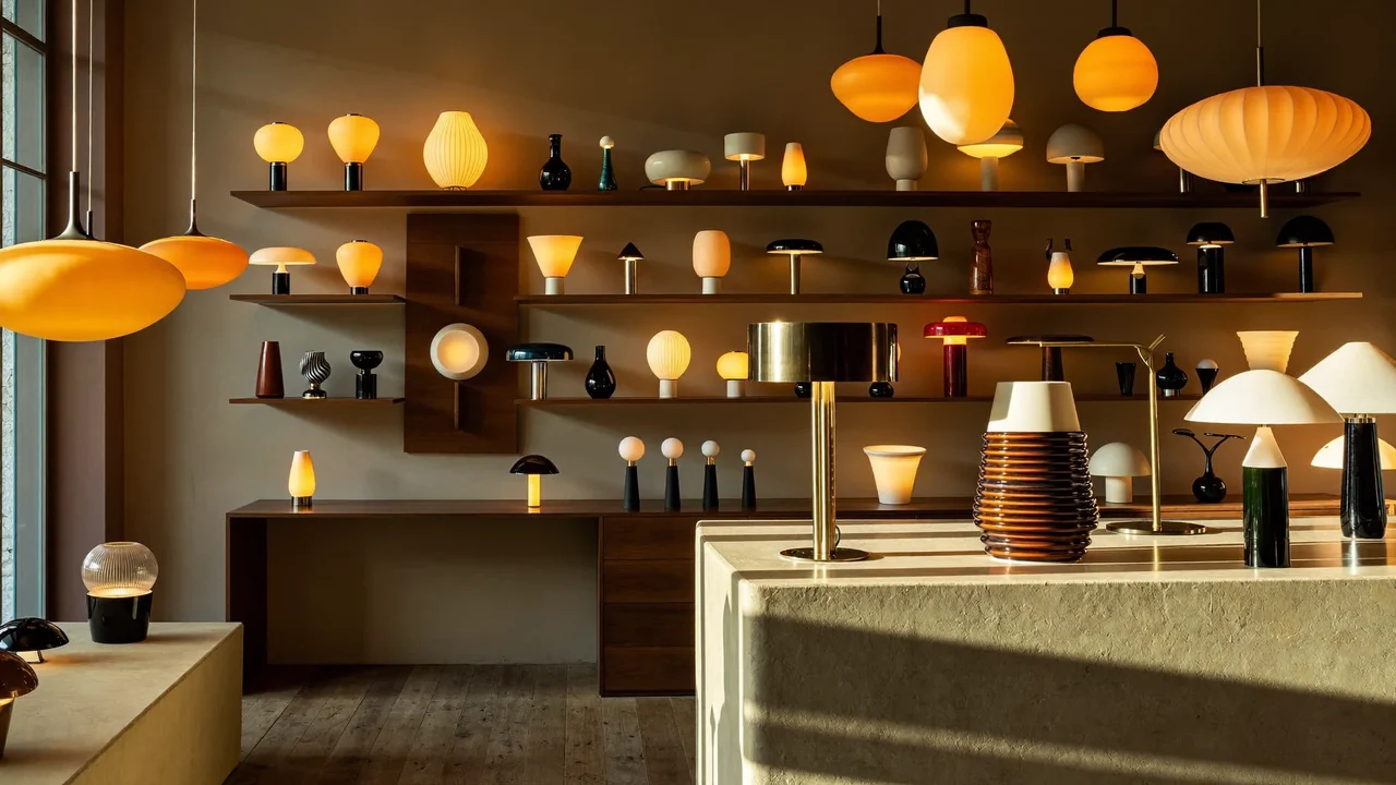 Piccolo showroom con sospensioni e lampade da tavolo su mensole in legno