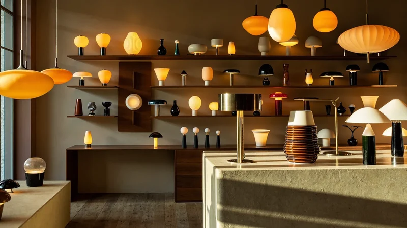 Piccolo showroom con sospensioni e lampade da tavolo su mensole in legno